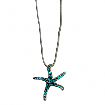 Ekaterini necklace, starfish, turquoise Swarovski crystals brown cord and with gold accents